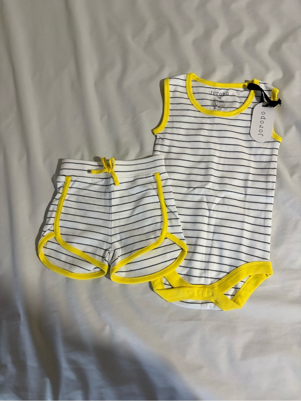 Striped White & Yellow Trim Baby Bodysuit and Shorts Set